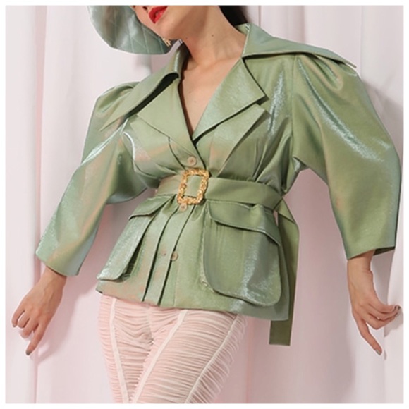 Green Metallic Sheen Belted Jacket - Picture 2 of 16